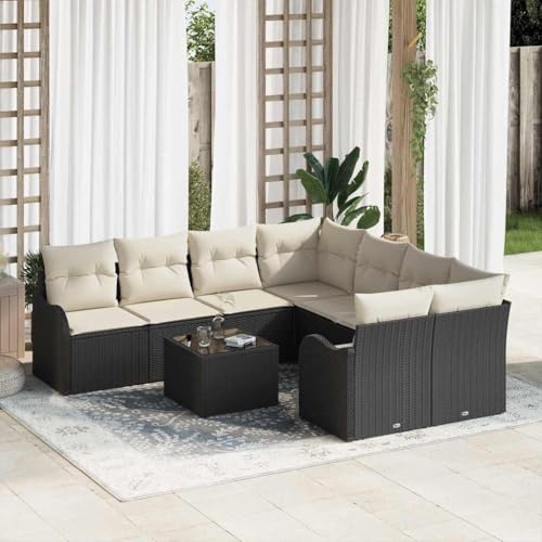 Qnhdfrt 9-teiliges Garten-Sofa-Set aus Poly-Rattan in Schwarz, Modulares Design mit Kissen, Wetterfest für Balkon, Terrasse und Garten von Qnhdfrt