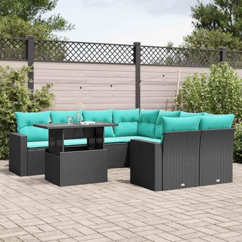 Qnhdfrt 9-teiliges Gartenmöbel Set Schwarzes Polyrattan Balkonmöbel mit verstellbarem Esstisch 100 cm und Kissen Modernes Outdoor Lounge Möbel für Terrasse Balkon Garten von Qnhdfrt