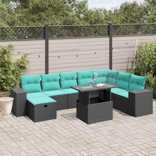 Qnhdfrt 9 teiliges Gartensofa Set Polyrattan Schwarz mit verstellbarem Glastisch und blauen Kissen modular platzsparend für Balkon Garten Terrasse Qnhdfrt 9 teiliges Gartensofa Set Polyrattan Schwarz mit verstellbarem Glastisch und blauen Kissen modular platzsparend für Balkon Garten Terrasse von Qnhdfrt
