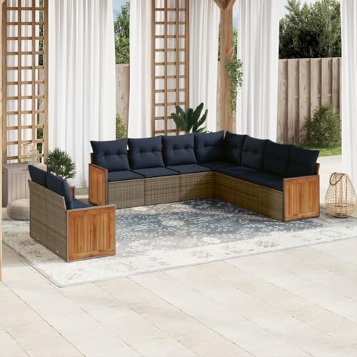 Qnhdfrt 9-teiliges Gartensofa Set aus grauem Polyrattan mit marineblauen Kissen modular 55x62x69 cm UV-beständig für Balkon Terrasse Garten Lounge Sitzgruppe Outdoor von Qnhdfrt