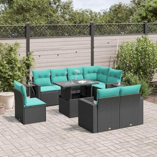 Qnhdfrt 9-teiliges Gartensofa Set aus schwarzem Polyrattan mit höhenverstellbarem Glastisch 100 x 55 cm platzsparend modular für Balkon Terrasse Garten Lounge von Qnhdfrt