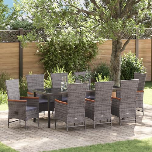 Qnhdfrt 9-teiliges Gartentisch-Set mit Kissen Grau Poly-Rattan Outdoor Möbel Rechteckig für Garten Terrasse Balkon Modernes Design Verstellbare Rückenlehne von Qnhdfrt