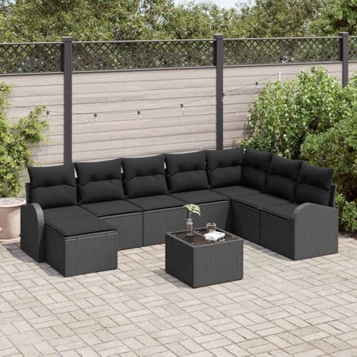 Qnhdfrt 9 teiliges Outdoor Ecksofa Set Schwarz Poly Rattan mit Kissen für Garten Terrasse Balkon Modernes Design Wetterfest und Langlebig Sitzgruppe für 8 Personen von Qnhdfrt