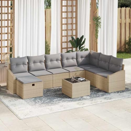 Qnhdfrt 9 teiliges Sofaset Garten Lounge Set aus Poly Rattan Beige Grau mit Stauraum für 8 Personen Wetterfestes Outdoor Möbelset für Terrasse Balkon Garten von Qnhdfrt