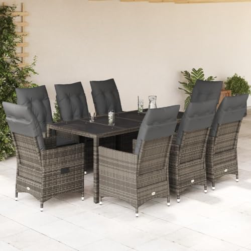 Qnhdfrt 9tlg Garten Essgruppe Grau PE Rattan mit Glas Tischplatte und Polsterkissen Verstellbare Relaxsessel für Terrasse Garten und Balkon Qnhdfrt 9tlg Garten Essgruppe Grau PE Rattan mit Glas Tischplatte und Polsterkissen Verstellbare Relaxsessel für Terrasse Garten und Balkon von Qnhdfrt