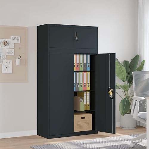 Qnhdfrt Aktenschrank Anthrazit aus pulverbeschichtetem Stahl 90x40x180 cm mit 3 Einlegeböden abschließbarer Tür für Büroorganisation Dokumentenaufbewahrung von Qnhdfrt