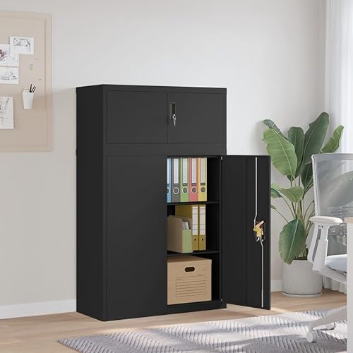 Qnhdfrt Aktenschrank Schwarz Metallschrank Abschließbar 90x40x145 cm mit 2 Einlegeböden für Büro Organisation und Sichere Aufbewahrung Robust und Langlebig von Qnhdfrt