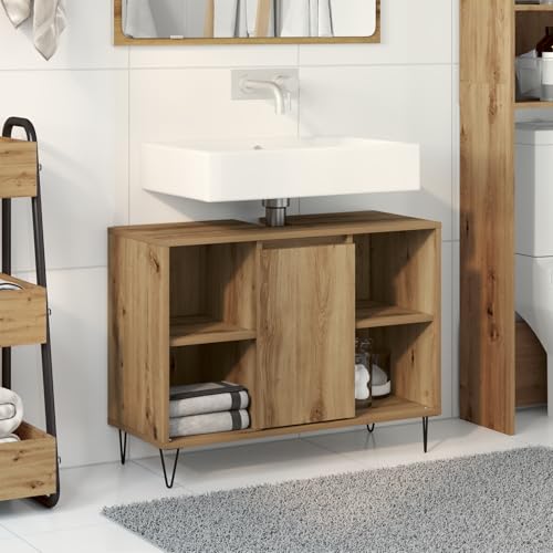 Qnhdfrt Artisan Eichen Waschtisch Badezimmerschrank Braun Rechteckig Matt aus Technischem Holz mit Schiebetür und Stauraum Modernes Design für Badezimmer von Qnhdfrt