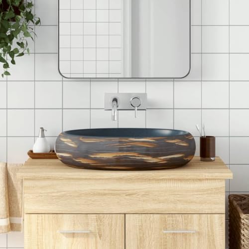 Qnhdfrt Aufsatzwaschbecken Braun und Blau Oval 59x40x15 cm Keramik Handgefertigtes Waschbecken mit Vintage Design Robuste Oberfläche Einfache Reinigung für Badezimmer Gäste WC und Schminkraum von Qnhdfrt