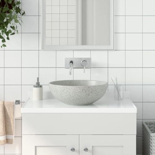 Qnhdfrt Aufsatzwaschbecken Grau Rund Keramik Ø41x14 cm Handgefertigtes Waschbecken mit Vintage Design Robuste Oberfläche für Badezimmer Gäste WC und Schminkraum von Qnhdfrt
