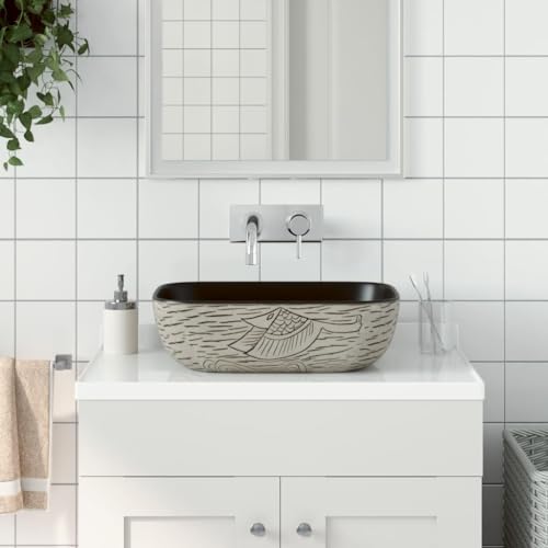Qnhdfrt Aufsatzwaschbecken Grau Schwarz Rechteck 48x37,5x13,5cm Keramik Handwaschbecken mit Vintage Design Robust & Langlebig für Badezimmer Gäste WC und Schminkraum von Qnhdfrt