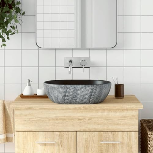 Qnhdfrt Aufsatzwaschbecken Schwarz Grau Oval 47x33x13 cm Keramik Handgefertigtes Waschbecken mit Vintage Design Robuste Oberfläche für Badezimmer Gäste WC und Schminkraum von Qnhdfrt