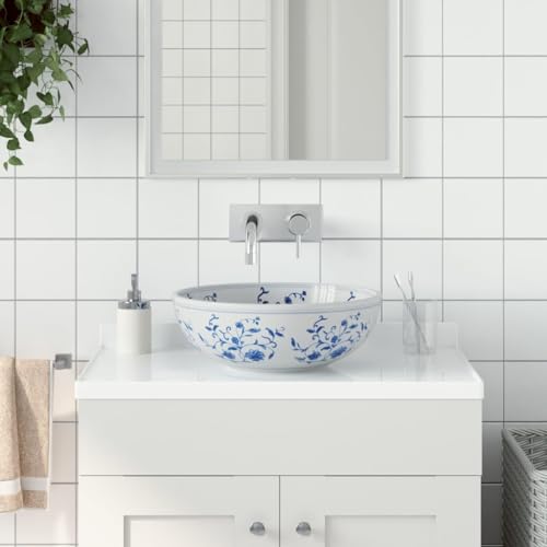 Qnhdfrt Aufsatzwaschbecken Weiß und Blau Rund 41x14 cm Keramik Handgefertigtes Waschbecken mit Vintage Design Robuste Oberfläche für Badezimmer Gäste WC und Schminkraum von Qnhdfrt