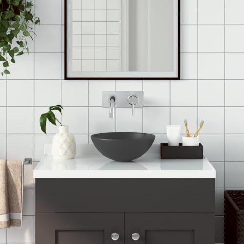 Qnhdfrt Aufsatzwaschbecken aus Keramik Dunkelgrau Rund 280 x 100 mm Modernes Design ohne Überlauf Einfache Reinigung für Badezimmer Küche Garage und Gäste WC von Qnhdfrt