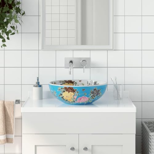 Qnhdfrt Aufsatzwaschbecken aus Keramik Rund 41 x 14 cm Mehrfarbig Handgefertigtes Waschbecken mit Vintage Design Robuste Oberfläche für Badezimmer Gäste WC und Schminkraum von Qnhdfrt
