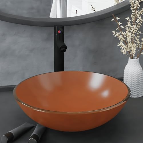 Qnhdfrt Aufsatzwaschbecken klein aus gehärtetem Glas mit Einhebelmischer Pop Up Ablauf 42 cm rund in Braun Schwarz Modernes Bad Design für Gäste WC Bad Küche Camping Qnhdfrt Aufsatzwaschbecken klein aus gehärtetem Glas mit Einhebelmischer Pop Up Ablauf 42 cm rund in Braun Schwarz Modernes Bad Design für Gäste WC Bad Küche Camping von Qnhdfrt
