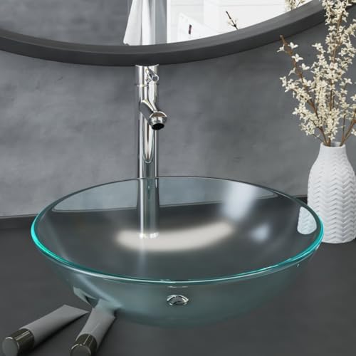 Qnhdfrt Aufsatzwaschbecken klein rund 42 cm aus mattiertem gehärtetem Glas mit Messing Wasserhahn Pop-up Ablaufgarnitur Modernes Design Robust und Langlebig für Gäste WC Bad Badezimmer Camping von Qnhdfrt