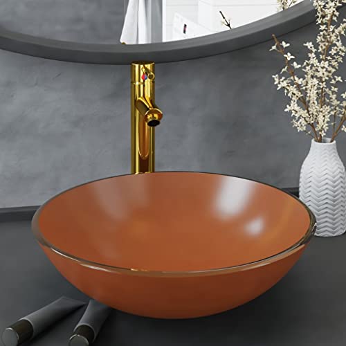 Qnhdfrt Aufsatzwaschbecken klein rund aus gehärtetem Glas braun 42 cm mit Messing-Wasserhahn Pop-up Ablaufgarnitur für Gäste WC Bad und Camping Qnhdfrt Aufsatzwaschbecken klein rund aus gehärtetem Glas braun 42 cm mit Messing-Wasserhahn Pop-up Ablaufgarnitur für Gäste WC Bad und Camping von Qnhdfrt