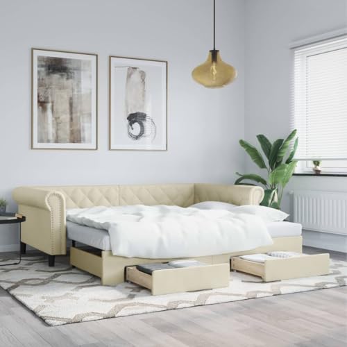 Qnhdfrt Ausziehbares 2 in 1 Tagesbett mit Schubladen Creme 90x200 cm Kunstleder Modernes Design als Sofa und Doppelbett für Wohnzimmer Schlafzimmer Gästezimmer von Qnhdfrt