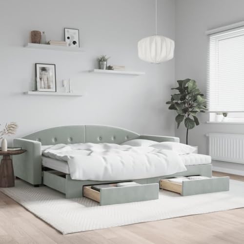 Qnhdfrt Ausziehbares 2 in 1 Tagesbett mit Schubladen Hellgrau 90x190 cm Samt Sofa Bett Kombination mit Stauraum und Schaumstoffmatratzen für Wohnzimmer Schlafzimmer von Qnhdfrt
