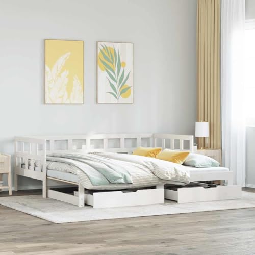 Qnhdfrt Ausziehbares Tagesbett 2 in 1 als Sofa und Bett mit Schubladen Massivholz Kiefer Weiß 90x200 cm Stauraum und Lattenrost für Wohnzimmer Schlafzimmer Qnhdfrt Ausziehbares Tagesbett 2 in 1 als Sofa und Bett mit Schubladen Massivholz Kiefer Weiß 90x200 cm Stauraum und Lattenrost für Wohnzimmer Schlafzimmer von Qnhdfrt