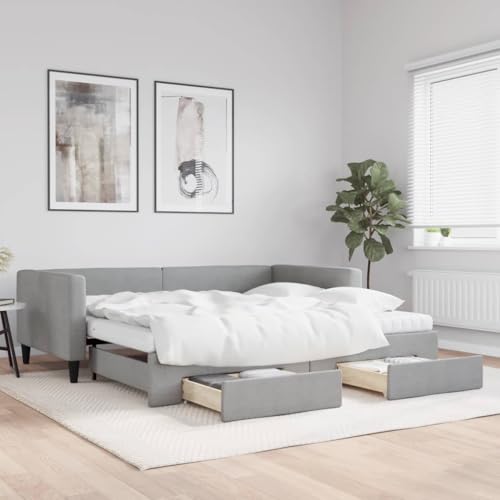 Qnhdfrt Ausziehbares Tagesbett 2 in 1 als Sofa und Doppelbett mit Schubladen Hellgrau 100x200 cm Stoff Polyester Massivholz Metall Stauraum für Wohnzimmer Schlafzimmer von Qnhdfrt