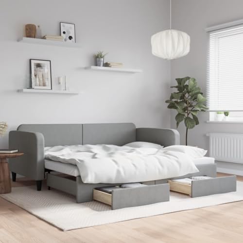 Qnhdfrt Ausziehbares Tagesbett 2 in 1 als Sofa und Doppelbett mit Schubladen Hellgrau 90x200 cm Stoff Polyester Massivholz Metall Praktisches Gästebett für Wohnzimmer Schlafzimmer von Qnhdfrt