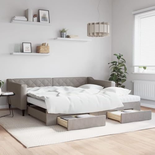 Qnhdfrt Ausziehbares Tagesbett 2 in 1 als Sofa und Doppelbett mit Schubladen Taupe 100x200 cm Stoff Polyester Massivholz Metall Stauraum für Wohnzimmer Schlafzimmer Gästezimmer von Qnhdfrt