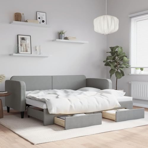 Qnhdfrt Ausziehbares Tagesbett 2 in 1 als Sofa und Doppelbett mit Stauraum Hellgrau 80x200 cm aus Stoff Massivholz und Metall für Wohnzimmer Schlafzimmer von Qnhdfrt