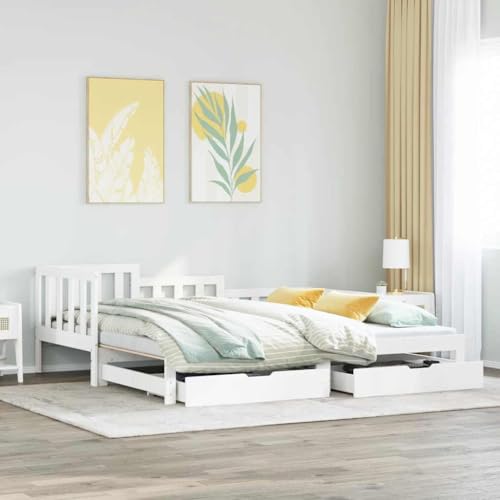 Qnhdfrt Ausziehbares Tagesbett 2 in 1 mit Schubladen aus Massivholz Kiefer Weiß 80x200cm Als Sofa und Doppelbett für Gästezimmer Wohnzimmer von Qnhdfrt