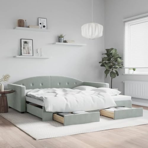 Qnhdfrt Ausziehbares Tagesbett mit Schubladen 2 in 1 Sofa Bett Tagbett Gästebett Hellgrau Samt 100x200 cm mit Stauraum für Wohnzimmer Schlafzimmer von Qnhdfrt