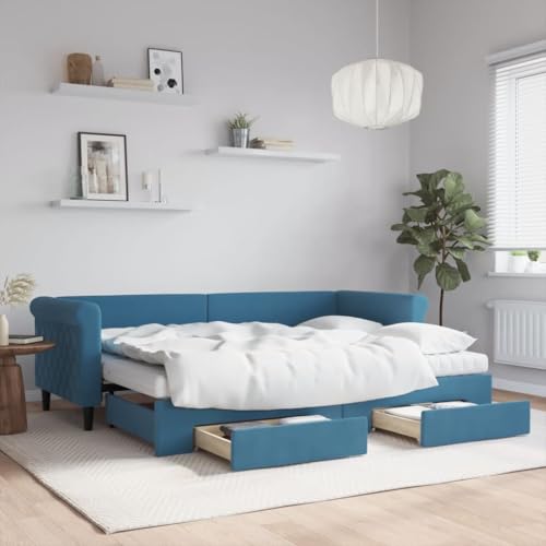 Qnhdfrt Ausziehbares Tagesbett mit Schubladen 2 in 1 als Sofa und Doppelbett 80x200 cm Samt Blau mit Schaumstoffmatratze Stauraum für Wohnzimmer Schlafzimmer von Qnhdfrt