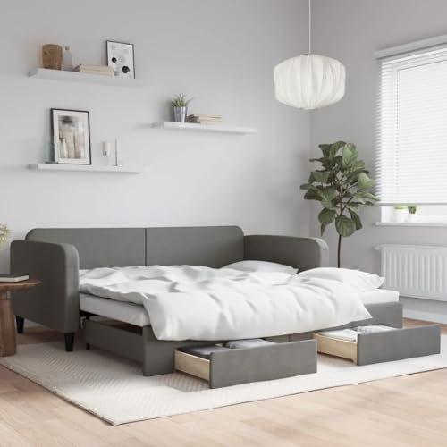 Qnhdfrt Ausziehbares Tagesbett mit Schubladen Dunkelgrau 2 in 1 Sofa Bett für Gäste 100x200 cm Stauraum & Robuste Konstruktion aus Stoff Metall und Massivholz von Qnhdfrt