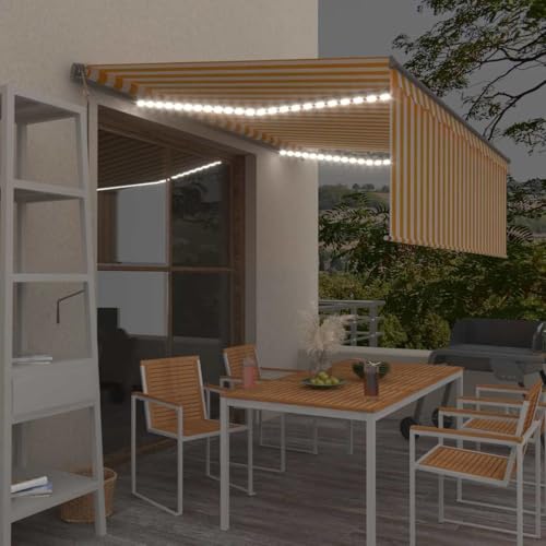 Qnhdfrt Automatische Markise mit Rollo LED Windsensor 4x3m Gelb Weiß für Terrasse Balkon Garten Robust und Einfach zu Bedienen von Qnhdfrt