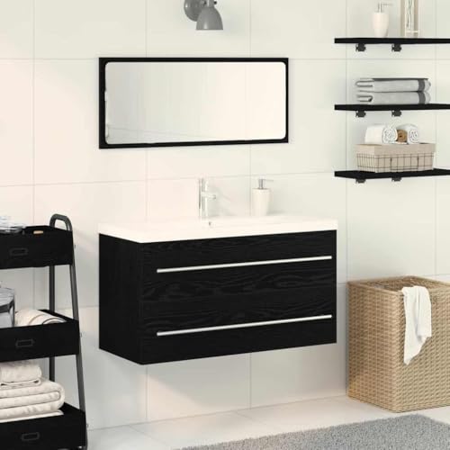Qnhdfrt Badezimmer Waschbeckenunterschrank Schwarze Eiche 90x38,5x48 cm mit Keramikbecken und Spiegel Modernes Design mit 2 Schubladen platzsparend für kleine Badezimmer und Gäste WC Qnhdfrt Badezimmer Waschbeckenunterschrank Schwarze Eiche 90x38,5x48 cm mit Keramikbecken und Spiegel Modernes Design mit 2 Schubladen platzsparend für kleine Badezimmer und Gäste WC von Qnhdfrt