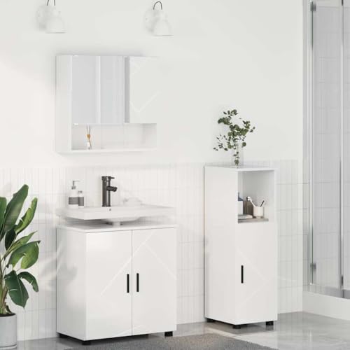 Qnhdfrt Badezimmermöbel Set 3-TLG Hochglanz Weiß 61 x 35 x 64 cm Robuster Holzwerkstoff mit Spiegelschrank Modernes Design platzsparend für kleines Bad von Qnhdfrt