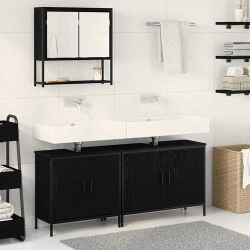 Qnhdfrt Badezimmermöbel Set 3 TLG Schwarz 80x30x44 cm Holzwerkstoff Modernes Design mit Flachspiegel und Flächenbündigen Türen Robuste Badschrank Kombination für kleines Bad Gäste WC von Qnhdfrt