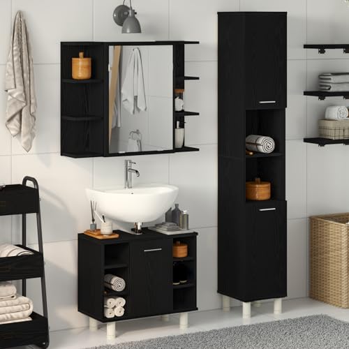Qnhdfrt Badezimmermöbel Set 3-teilig Schwarz Eiche Holzwerkstoff Schrank Spiegel Stauraum Organizer für Bad WC Qnhdfrt Badezimmermöbel Set 3-teilig Schwarz Eiche Holzwerkstoff Schrank Spiegel Stauraum Organizer für Bad WC von Qnhdfrt