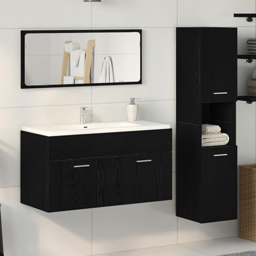 Qnhdfrt Badezimmermöbel Set 3-teilig Schwarz Eiche Moderner Waschbeckenunterschrank mit Spiegel und Hochschrank für Organisation von Qnhdfrt