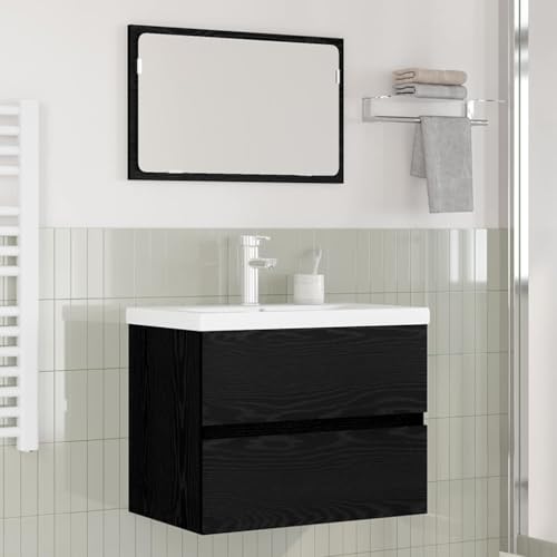 Qnhdfrt Badezimmermöbel Set 3-teilig Schwarze Eiche 60x38,5x45 cm Moderne Waschtisch-Unterschrank-Kombi mit Wandspiegel Platzsparend & Robust für kleine Badezimmer und Gäste-WC von Qnhdfrt