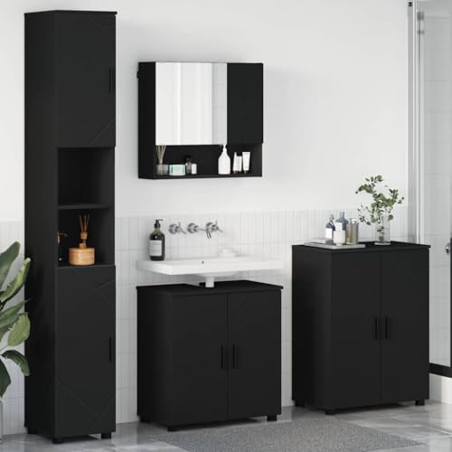Qnhdfrt Badezimmermöbel Set 4 TLG Schwarz 61 x 35 x 64 cm Holzwerkstoff Medizinschrank mit flachem Spiegel Modernes platzsparendes Design für kleine Badezimmer und Gäste WC von Qnhdfrt