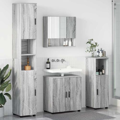 Qnhdfrt Badezimmermöbel Set 4 teilig Grau Sonoma 61x35x64 cm aus Holzwerkstoff wandmontierter Spiegelschrank flachspiegel 7 Türen Modernes Design Badmöbel für kleine Bäder und Gäste WC von Qnhdfrt