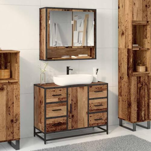 Qnhdfrt Badezimmerschrank 80x33x60 cm Altholz Industrie-Look mit Tür, Holzwerkstoff-Stahl Kombination, Medizinschrank & Badmöbel für kleine Räume von Qnhdfrt