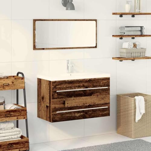 Qnhdfrt Badezimmerschrank 80x38,5x48 cm Altholz Hochglanz mit Keramik Waschbecken integriert, rustikales Badmöbel mit Stauraum für kleine Badezimmer und Gäste WC von Qnhdfrt
