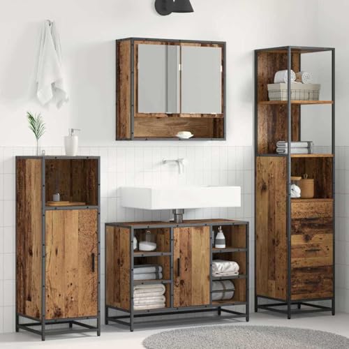 Qnhdfrt Badezimmerschrank Altholz 35x37,5x166 cm Hochschrank mit 3 Schubladen & 3 Regalen im Industrie-Look Massive Stahlbeine Viel Stauraum Modernes Badmöbel für kleine Bäder Küche und Flur von Qnhdfrt