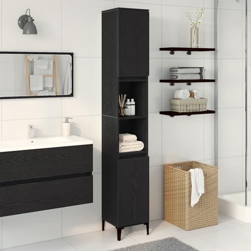 Qnhdfrt Badezimmerschrank Schwarz Schmal 30x30x190 cm Hochschrank aus Holzwerkstoff mit 2 Türen und Mehreren Regalen, Freistehender Badschrank für Badezimmer WC als Medizinschrank oder Hausapotheke von Qnhdfrt