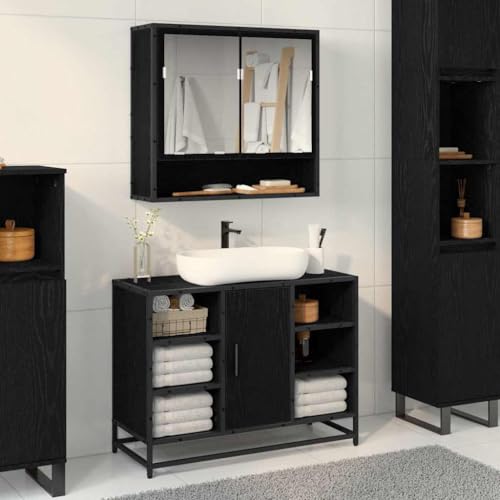 Qnhdfrt Badezimmerschrank Schwarze Eiche 65x20x60 cm mit Spiegel Wandmontierter Badschrank Modernes Design Robuste Holzwerkstoffkonstruktion Platzsparend für Bad Flur & Gäste WC von Qnhdfrt