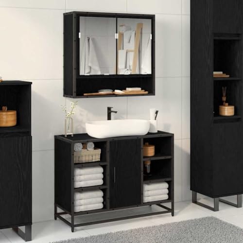 Qnhdfrt Badezimmerschrank Schwarze Eiche 80x33x60 cm Medizinschrank Holzwerkstoff & Stahlrahmen Modernes Design & Komfort für kleine Badezimmer Gäste-WC und Flur von Qnhdfrt