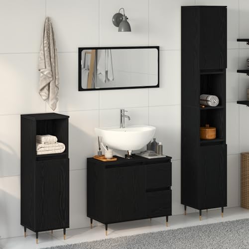 Qnhdfrt Badezimmerschrank Set 3-teilig Schwarz Eiche Nachbildung Modern Design mit 5 Regalen und 2 Schubladen für Effiziente Aufbewahrung im Kleinen Bad von Qnhdfrt