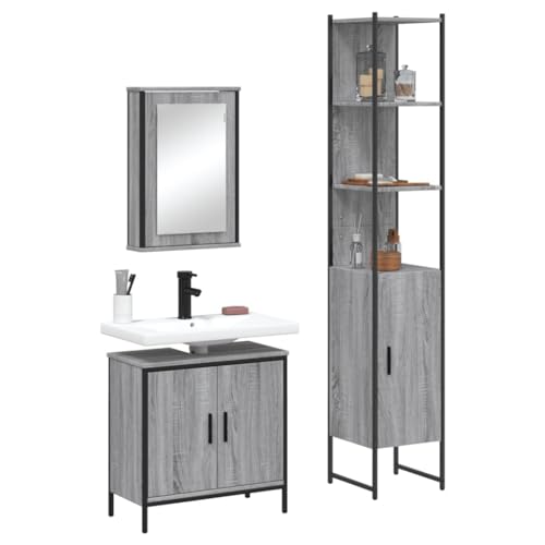 Qnhdfrt Badezimmerschrank Set Grau Sonoma 3-TLG mit Spiegelschrank Waschbeckenunterschrank Hochschrank Holzwerkstoff Stauraum Badmöbel Qnhdfrt Badezimmerschrank Set Grau Sonoma 3-TLG mit Spiegelschrank Waschbeckenunterschrank Hochschrank Holzwerkstoff Stauraum Badmöbel von Qnhdfrt